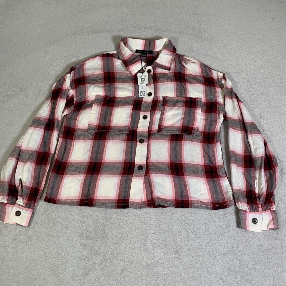 Sanctuary Shirt Womens Small‎ Red Plaid Flannel Button Front Roll Tab Sleeve